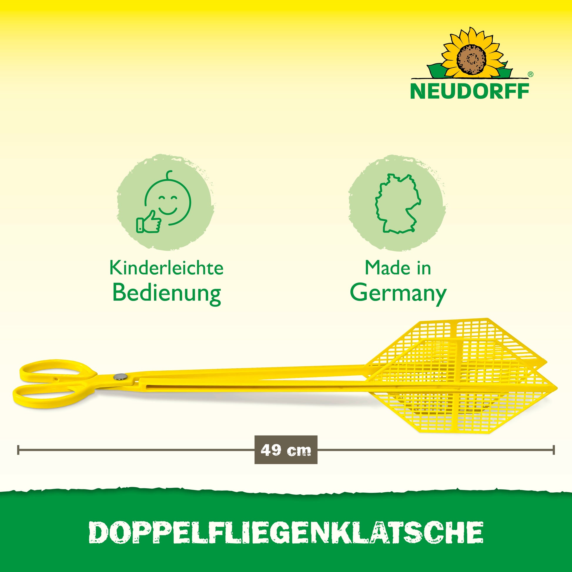 Eine gelbe Doppelfliegenklatsche (49 cm) aus dem Neudorff Shop ist waagerecht abgebildet. Icons zeigen "easy to use" und "made in Germany". Über dem Text erscheint das Neudorff-Sonnenblumen-Logo: "Doppelfliegenklatsche - Fliegen fangen ohne Flecken.