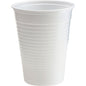 A white cup made of white PS from Duni GmbH with horizontal grooves stands upright against a white background. Pictured: a pack of 100 (disposable cups).