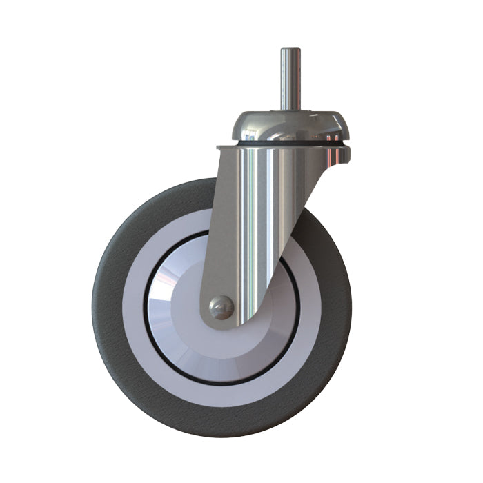 The TASKI Trolley Wheel - Standard (125mm, 1 piece) from Diversey Deutschland GmbH & Co. OHG is a swivel castor for TASKI Trolley systems in professional cleaning, depicted with a metal shaft and gray rubber tire on a white background.