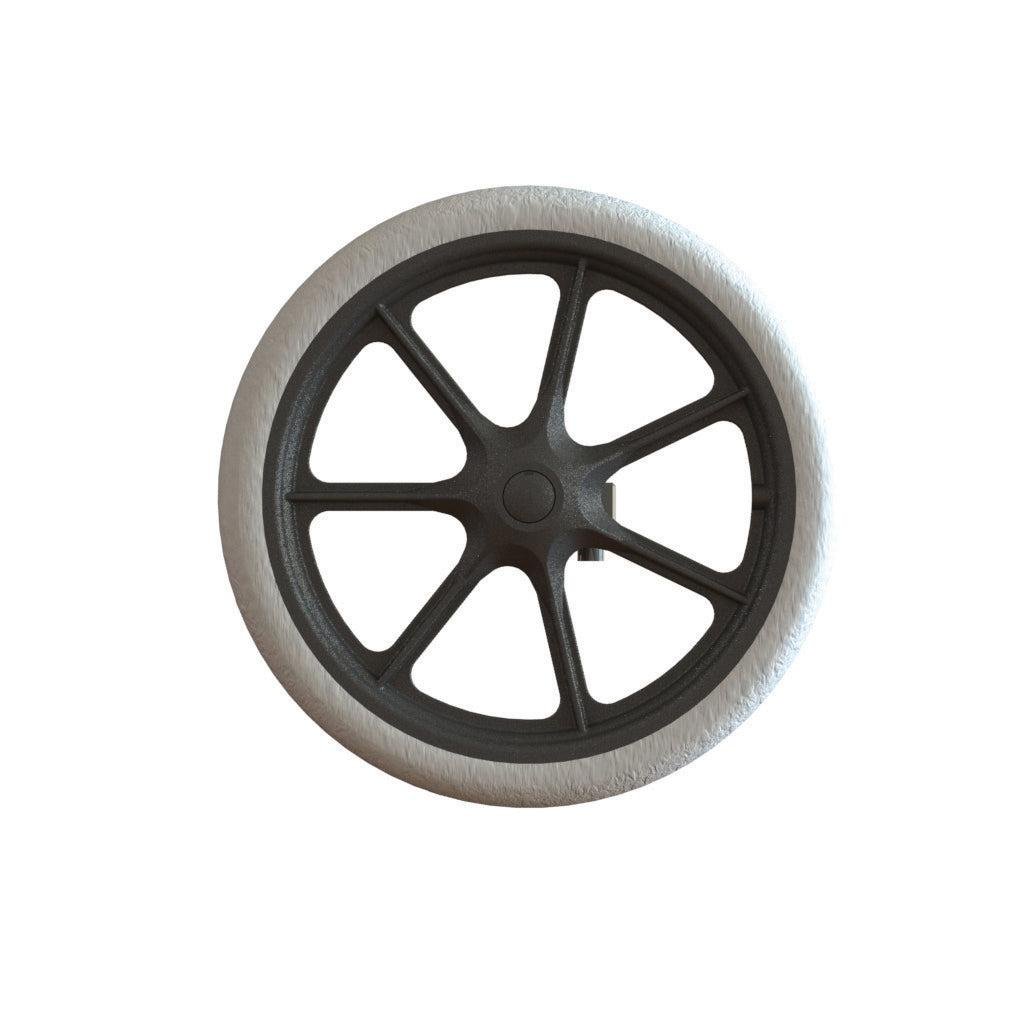 A black, eight-spoke TASKI Trolley Outdoor Wheel (370mm) with a white structured tire, by Diversey Deutschland GmbH & Co. OHG, designed for the TASKI Trolley for outdoor use. Pictured against a white background; package contains 1 piece.