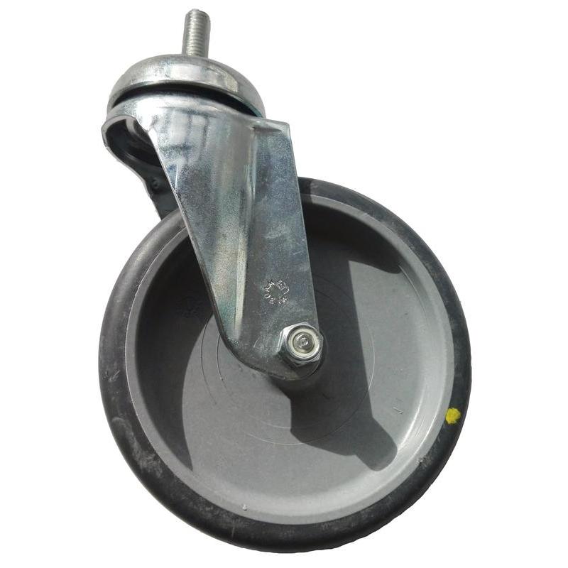 The TASKI Trolley Wheel from Diversey Deutschland GmbH & Co. OHG is a single 125-mm swivel caster with a threaded stem, designed for ESD floors and compatible with the TASKI Trolley. The package contains 1 piece. Isolated on a white background.