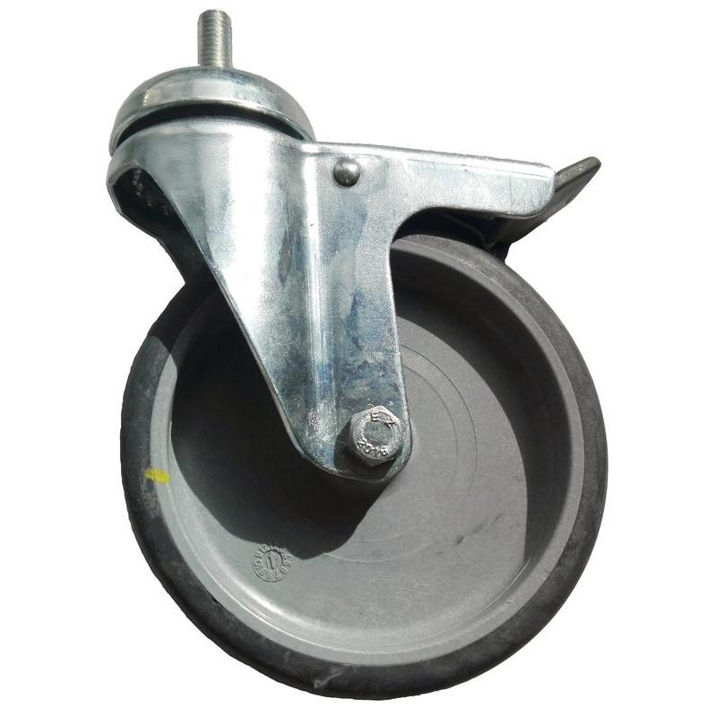 Close-up of the Diversey TASKI Trolley Wheel, 125mm Swivel Caster with Brake for ESD Floors, mounted on a metal bracket; compatible with TASKI Trolleys. Brand: Diversey Deutschland GmbH & Co. OHG (1 piece), isolated on a white background.