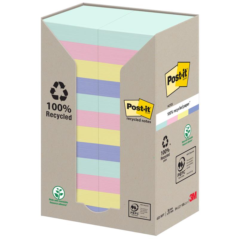 A box of Post-it® Recycling Notes from 3M Deutschland GmbH, 38 x 51 mm, 100 sheets per block, made from 100% PEFC-certified material. The packaging shows pastel notes and recycling symbols.
