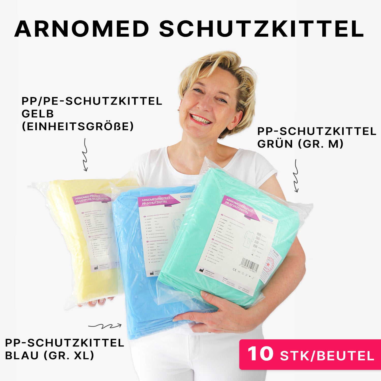 Eine lächelnde Frau hält eine Packung ARNOMED Virendichter Einweg Schutzkittel, Gelb, PP/PE-Beschichtung (10 Stück) der ARNOWA GmbH. Das rosafarbene Etikett mit der Aufschrift "10 Stück/Beutel" weist auf den virendichten Einwegschutzkittel hin.
