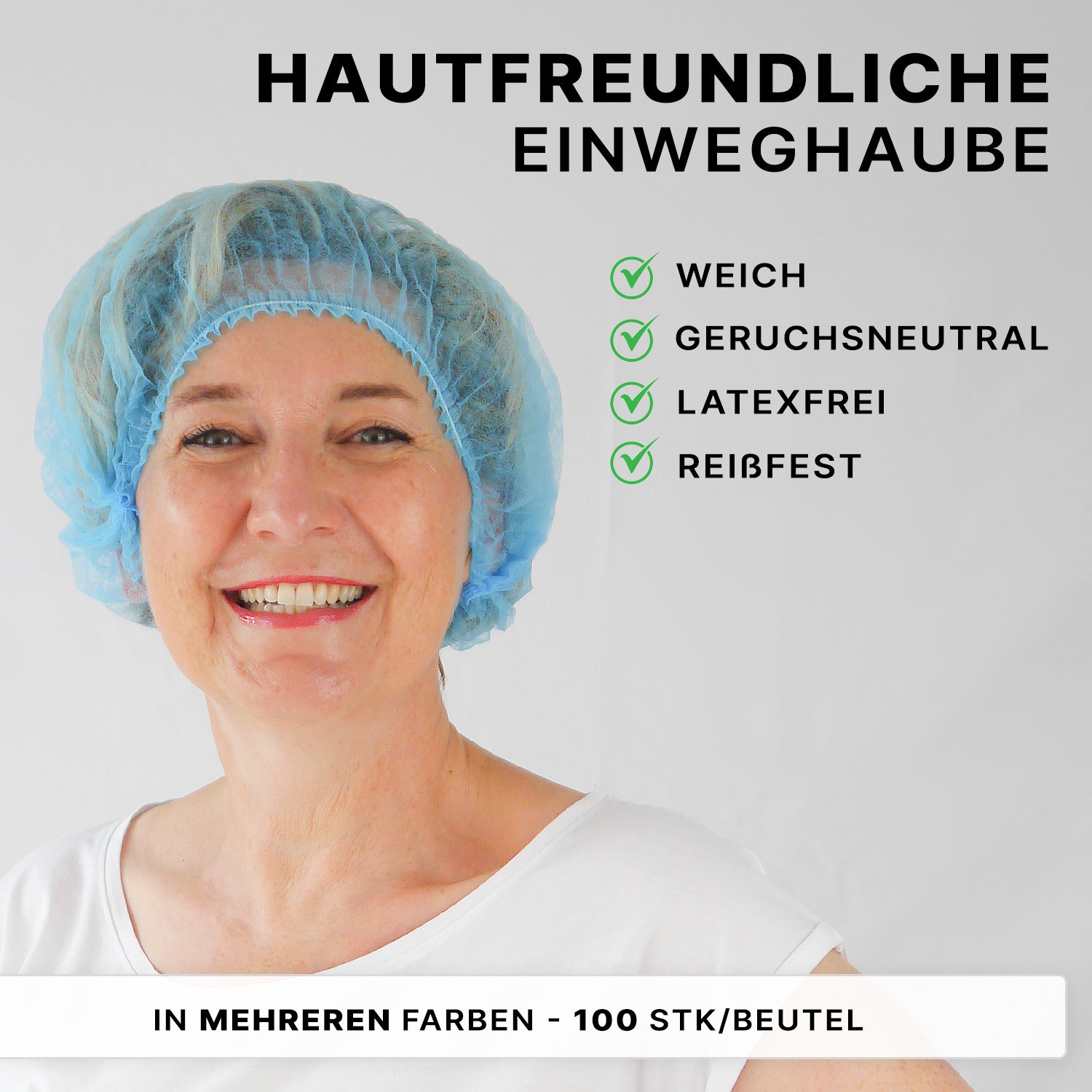 Eine lächelnde ältere Frau trägt die ARNOMED COVER PP-KLIPPHAUBE XL von ARNOWA GmbH (55cm Umfang). Die hautfreundliche, weiche Einmalklipphaube aus PP-Vlies ist latexfrei, reißfest, ideal für Hygiene. Verschiedene Farben, 100 Stück/Beutel.