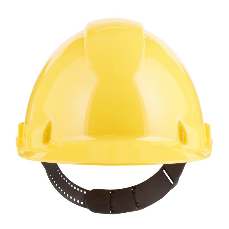 The 3M™ G3000C Uvicator safety helmet from 3M Deutschland GmbH is a yellow safety helmet with a black, adjustable strap and a Uvicator sensor, shown from the front against a white background.