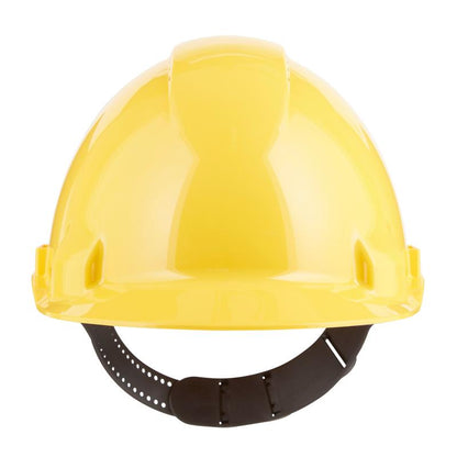 The 3M™ G3000C Uvicator safety helmet from 3M Deutschland GmbH is a yellow safety helmet with a black, adjustable strap and a Uvicator sensor, shown from the front against a white background.