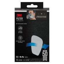 Die Abbildung zeigt eine Packung 3M™ Partikelfilter 5925, P2 (10 Paar/Packung) von 3M Deutschland GmbH. Die überwiegend schwarze Verpackung hebt Schutz vor Staub und Produktdetails hervor und zeigt eine Person, die eine Maske mit der Aufschrift "Over 50 Years of Science-Operated Protection" trägt.