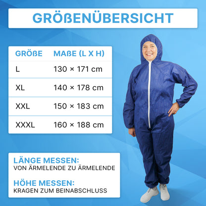 Eine Person, die den ARNOMED COVER PP-OVERALL XTRA STRONG in blau von ARNOWA GmbH trägt, lächelt neben einer Tabelle mit den Größen L-XXXL, unter der auf blauem Hintergrund Messlängen- und Größenangaben angezeigt werden.