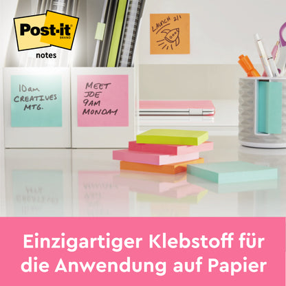For a tidy desk, the colorful Post-it® Notes from the Joyful Collection (76 mm x 63.5 mm, 75 sheets/block, 2 blocks/pack) by 3M Deutschland GmbH are ideal. The German text highlights the unique adhesive for paper surfaces.