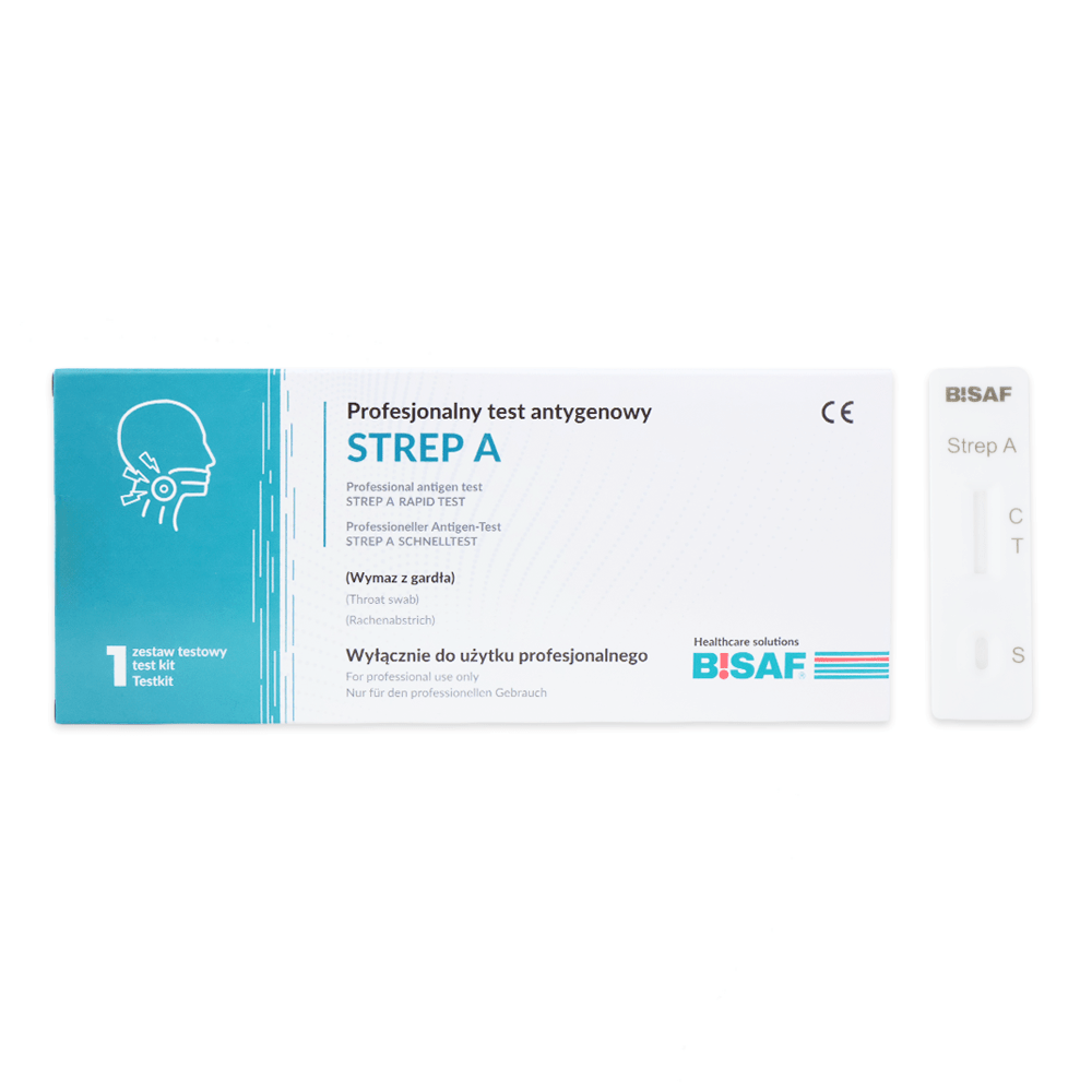 The Altruan Strep A - Bisaf Professional 1 Test | Package (1 piece) contains a Polish text, an illustration of the throat, and a test strip labeled "Strep A" with result markers for the rapid detection of streptococcal pharyngitis.
