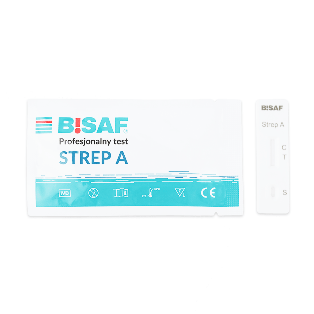 Pictured is a Strep A - Bisaf Professional 1 Test | Pack (1 piece) by Altruan, showing the foil test pack and the white cassette labeled "Strep A," which is used to detect Strep A antigens in streptococcal pharyngitis.