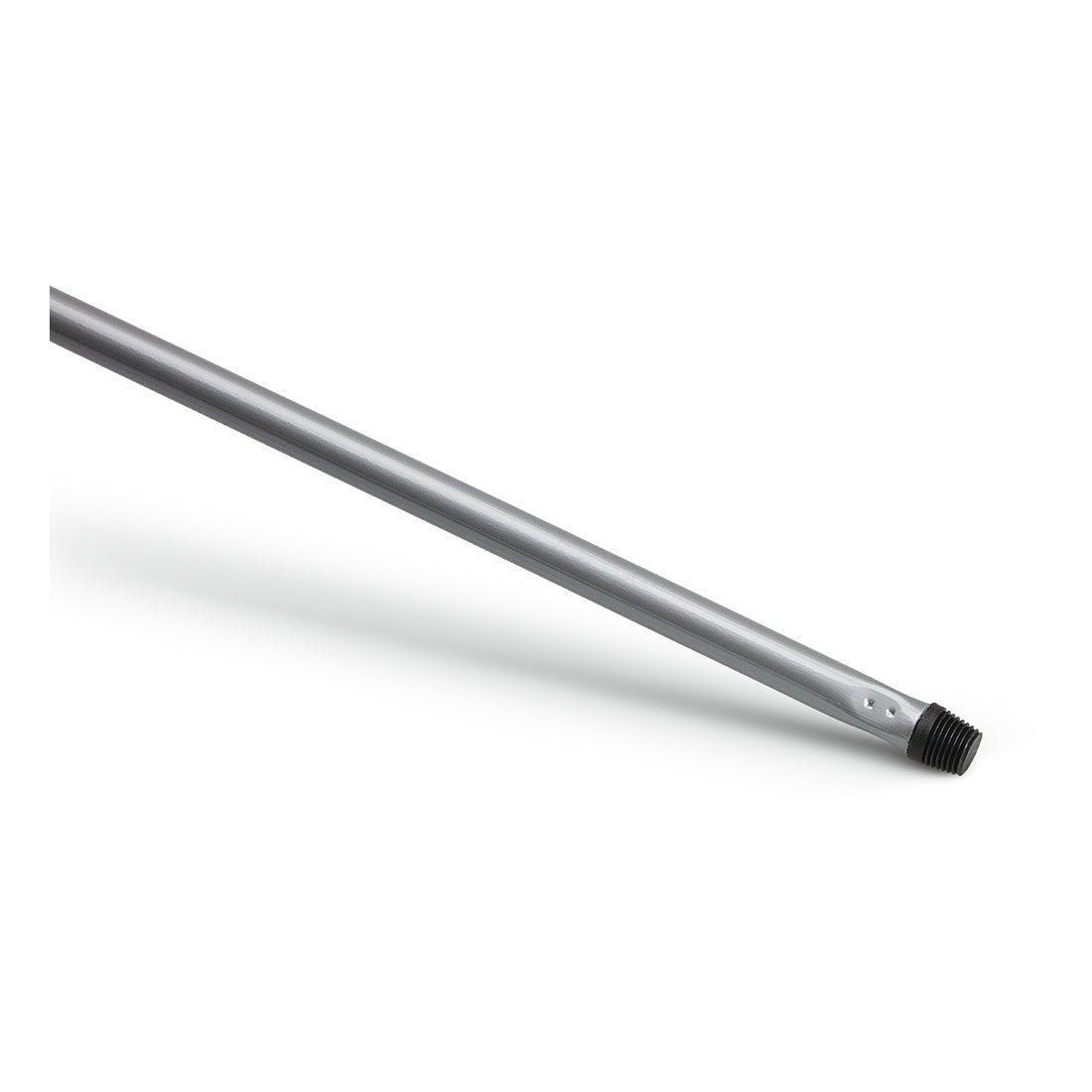 The Nölle Profi Brush metal handle 140 cm in silver from Nölle Profi Brush Bürsten- & Pinseltechnik e.K. is depicted diagonally on a white background, with a black plastic thread and two hanging holes for easy hanging.