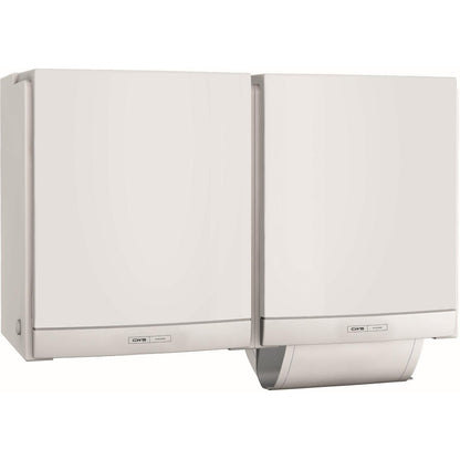 Two white CWS ParadiseLine fabric towel dispensers DUO, mounted side by side on the wall and labeled, offer an eco-friendly option for a hygienic solution in the washroom.