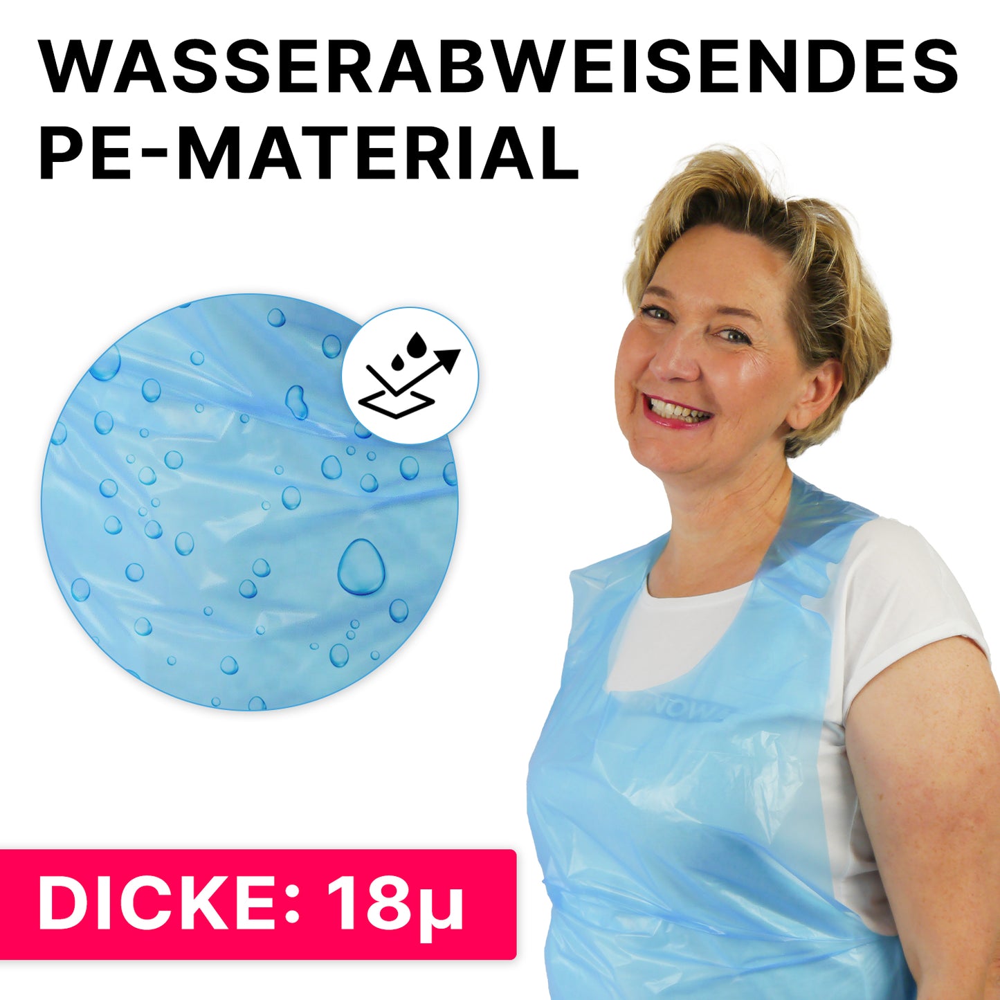 Eine Frau trägt die ARNOMED COVER PE-SCHÜRZE (ARNOWA GmbH, 18µ), lächelt und zeigt im Close-up wasserabweisende Wassertropfen auf der PE-Einmalschürze. Text: "Wasserabweisendes PE-Material" und "Dicke: 18µ".