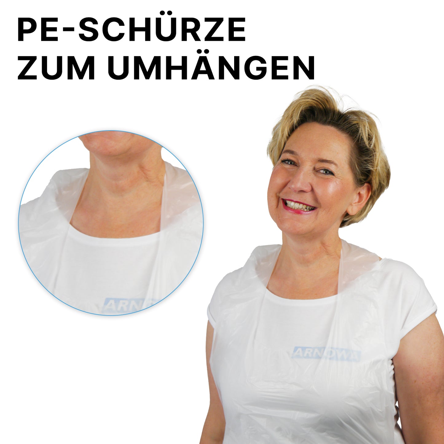Eine Frau trägt eine ARNOMED COVER PE-SCHÜRZE Einmalschürze (ARNOWA GmbH) über einem weißen Hemd. Eine Nahaufnahme zeigt das klare 18µ PE-Material und den deutschen Text: "PE-Schürze zum Umhängen.