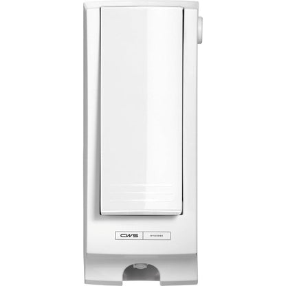 The white CWS ParadiseLine toilet seat cleaner dispenser SeatCleaner including panel impresses with modern, rectangular design and fine lines - the label at the bottom shows "CWS Hygiene" for cleanliness in every environment.