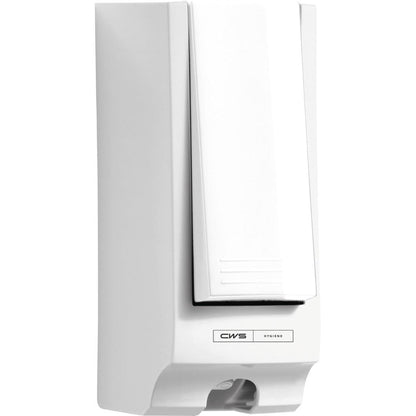 The CWS ParadiseLine toilet seat cleaner dispenser including white panel is a white, wall-mounted, rectangular dispenser with a lower push lever. The "CWS HYGIENE" front offers modern design for hygienic cleanliness in every washroom.
