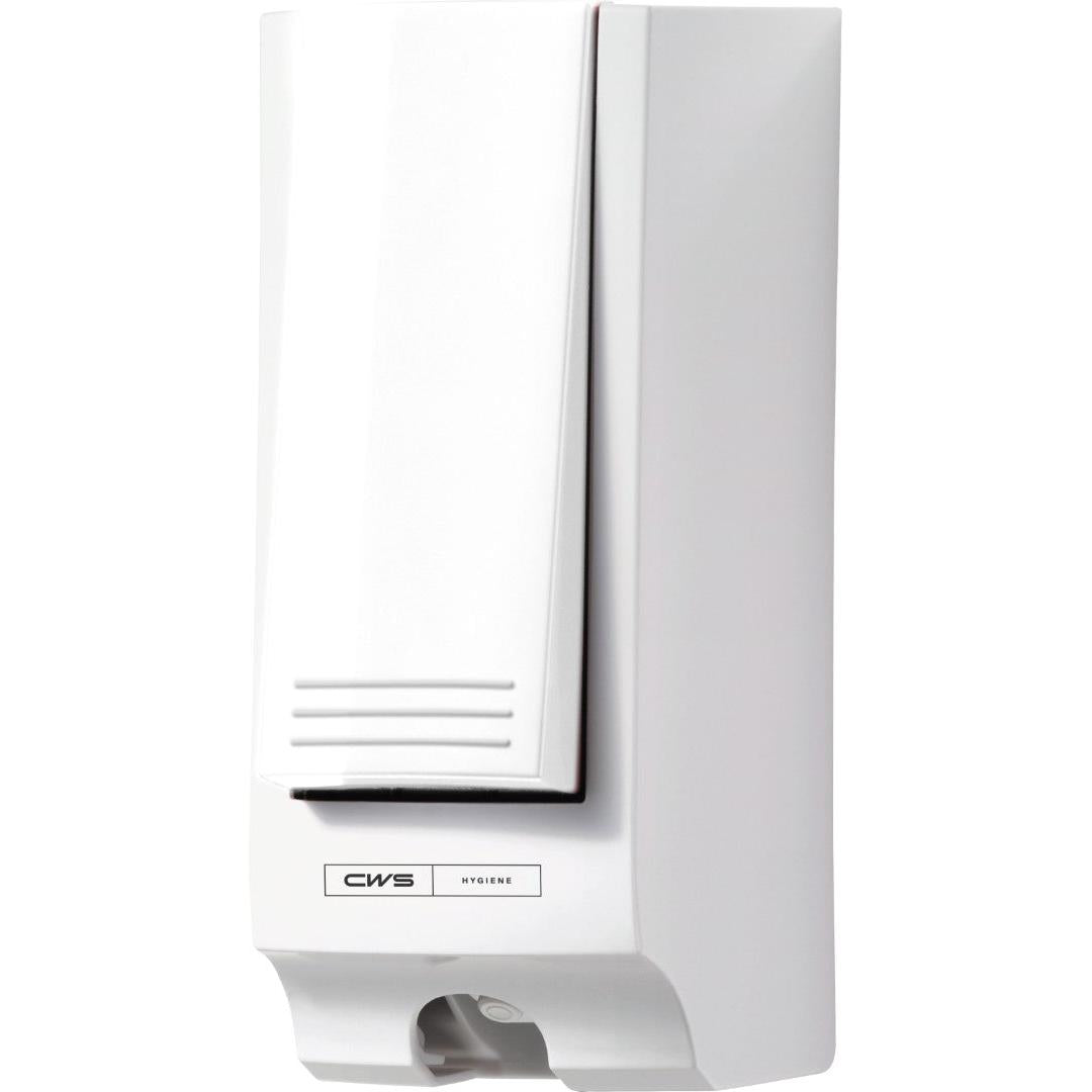 The CWS ParadiseLine toilet seat cleaner dispenser SeatCleaner in white is a rectangular, wall-mounted dispenser with modern design, push lever at the bottom, and "CWS Hygiene" label for hygienic cleanliness.