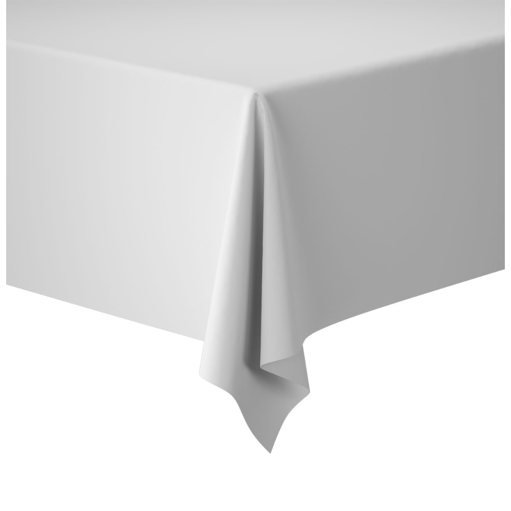 A white Dunicel® tablecloth roll (1.18 x 10 m) from Duni GmbH hangs with its fabric-like texture over a table corner and a slightly hanging edge.