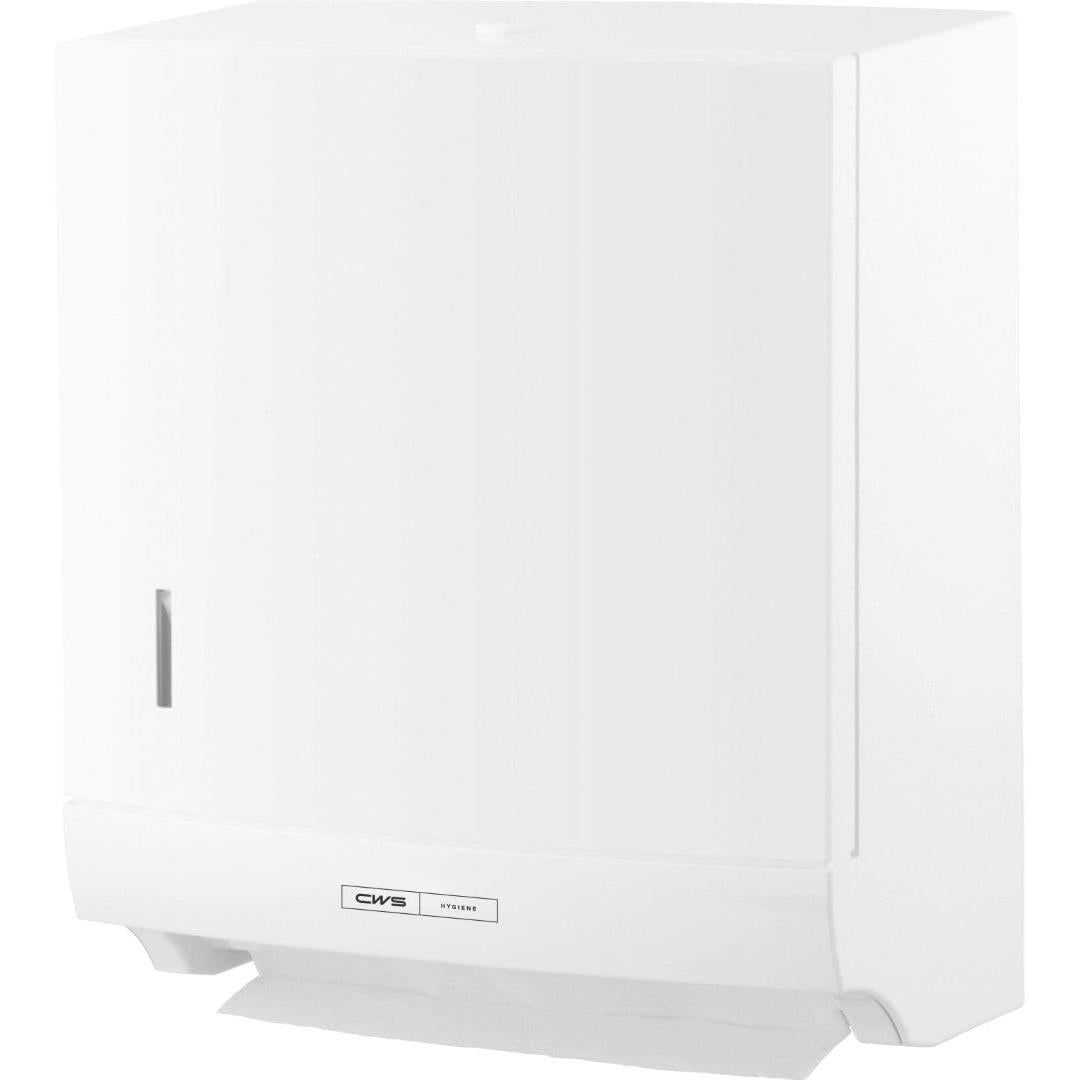 Der CWS ParadiseLine Faltpapierhandtuchspender Paper Slim inklusive Panel Weiß mit Schloss verfügt über ein Seitenfenster und ein sichtbares Papierblatt zum hygienischen Händetrocknen.