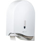 The CWS ParadiseLine jumbo roll toilet paper dispenser TPS Superroll in white features a lock, a transparent viewing window for paper level control, and a TPS Superroll indicator at the bottom.