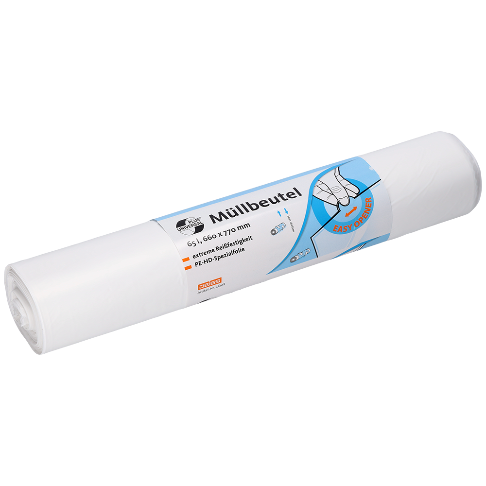 A roll of EMIL DEISS KG (GmbH + Co.) DEISS 46918 garbage bags (660x770x0.015 mm, white, 50 pieces) packaged with a label featuring "garbage bag", product information, a hand holding a bag, and disposal or storage symbols.