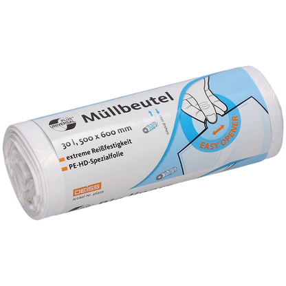 A roll of white DEISS garbage bags 500x600 mm made of HDPE, 30 liters, from EMIL DEISS KG (GmbH + Co.) with German text indicating the size and specifications, featuring a hand illustration highlighting the "EASY OPENER" and notes on tear-resistant garbage bags.