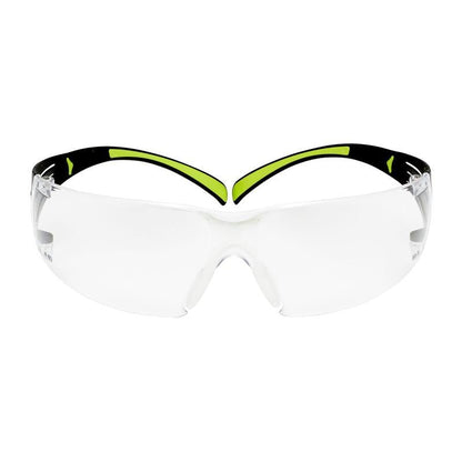 The 3M™ SecureFit™ Safety Glasses 400 from 3M Deutschland GmbH have clear, wraparound lenses and a black/neon green frame, depicted on the front against a white background.