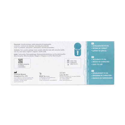 The rectangular package for the Strep A - Bisaf Professional 1 Test (Altruan) contains product information in Polish and German, instructions, the manufacturer's information and barcode, and a blue-green side panel that highlights the test's accuracy, fast Strep A results, and ease of use.