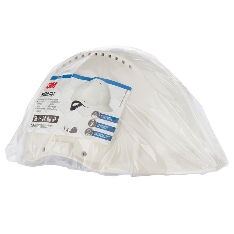 A white 3M™ Safety Helmet G3000C Uvicator from 3M Deutschland GmbH is sealed in transparent plastic and equipped with a label containing product information and images. The background is solid white.