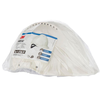 A white 3M™ Safety Helmet G3000C Uvicator from 3M Deutschland GmbH is sealed in transparent plastic and equipped with a label containing product information and images. The background is solid white.