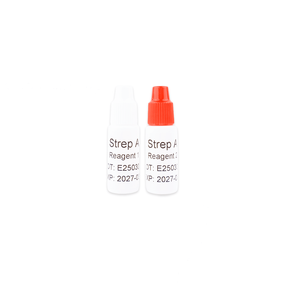 The Altruan Strep A - Bisaf Professional 1 Test (1 unit) contains two small reagent vials for Strep A testing; one with a white cap ("Reagent 1") and one with a red cap ("Reagent 2"), both with the lot number and expiration date printed on the white label.