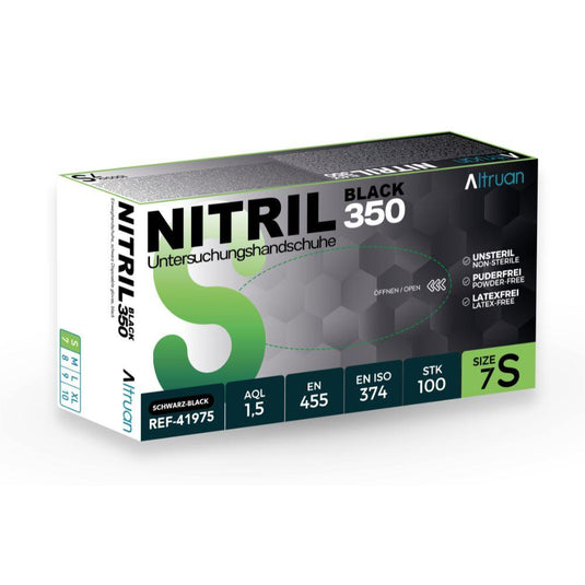 A box of Altruan Nitrile 350 Black disposable gloves (black) from BINGOLD GmbH + Co. KG: Size 7S, latex-free, non-sterile, powder-free—100 gloves per box with a black/green design.