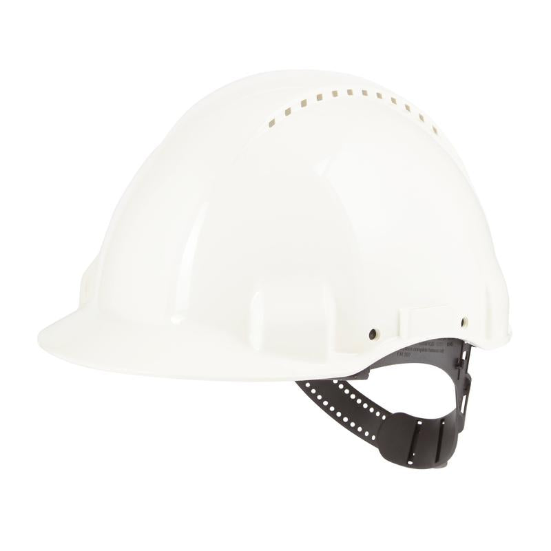 The 3M Deutschland GmbH 3M™ Safety Helmet G3000C Uvicator features ventilation holes, an adjustable black chin strap, and a Uvicator sensor for optimal occupational safety, depicted on a plain white background.