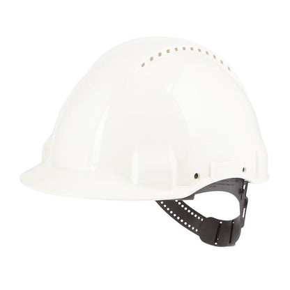The 3M Deutschland GmbH 3M™ Safety Helmet G3000C Uvicator features ventilation holes, an adjustable black chin strap, and a Uvicator sensor for optimal occupational safety, depicted on a plain white background.