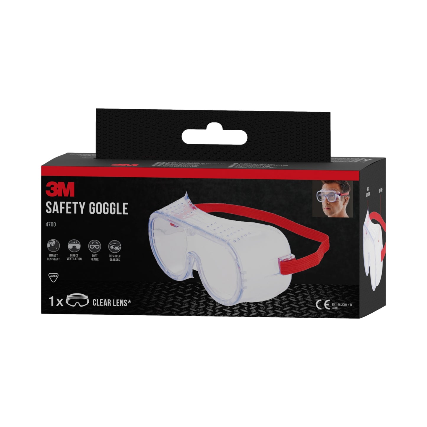 Eine rechteckige Schachtel der 3M™ Classic Schutzbrille 4700 mit klaren Gläsern und rotem Band hat eine schwarze Verpackung mit rot/weißem Text, Sicherheitssymbolen und hebt das direkt belüftete Design der 3M Deutschland GmbH hervor.