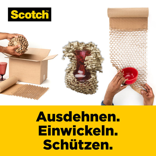 Eine Person umwickelt eine rote Vase, einen empfindlichen Gegenstand, mit Scotch™ Cushion Lock™ Schutzverpackung (30,4 cm x 9,14 m) von 3M Deutschland GmbH. Ein weiteres Paar Hände zieht und dehnt das Papier aus. Text: "Ausdehnen. Einwickeln. Schützen." Logo oben links.