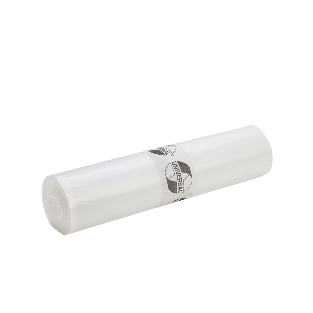 A roll of DEISS 49001 garbage bags (700x1100x0.023 mm, 50 pieces) from EMIL DEISS KG (GmbH + Co.) with a white-black label lies on a plain white background - ideal for efficient waste disposal.