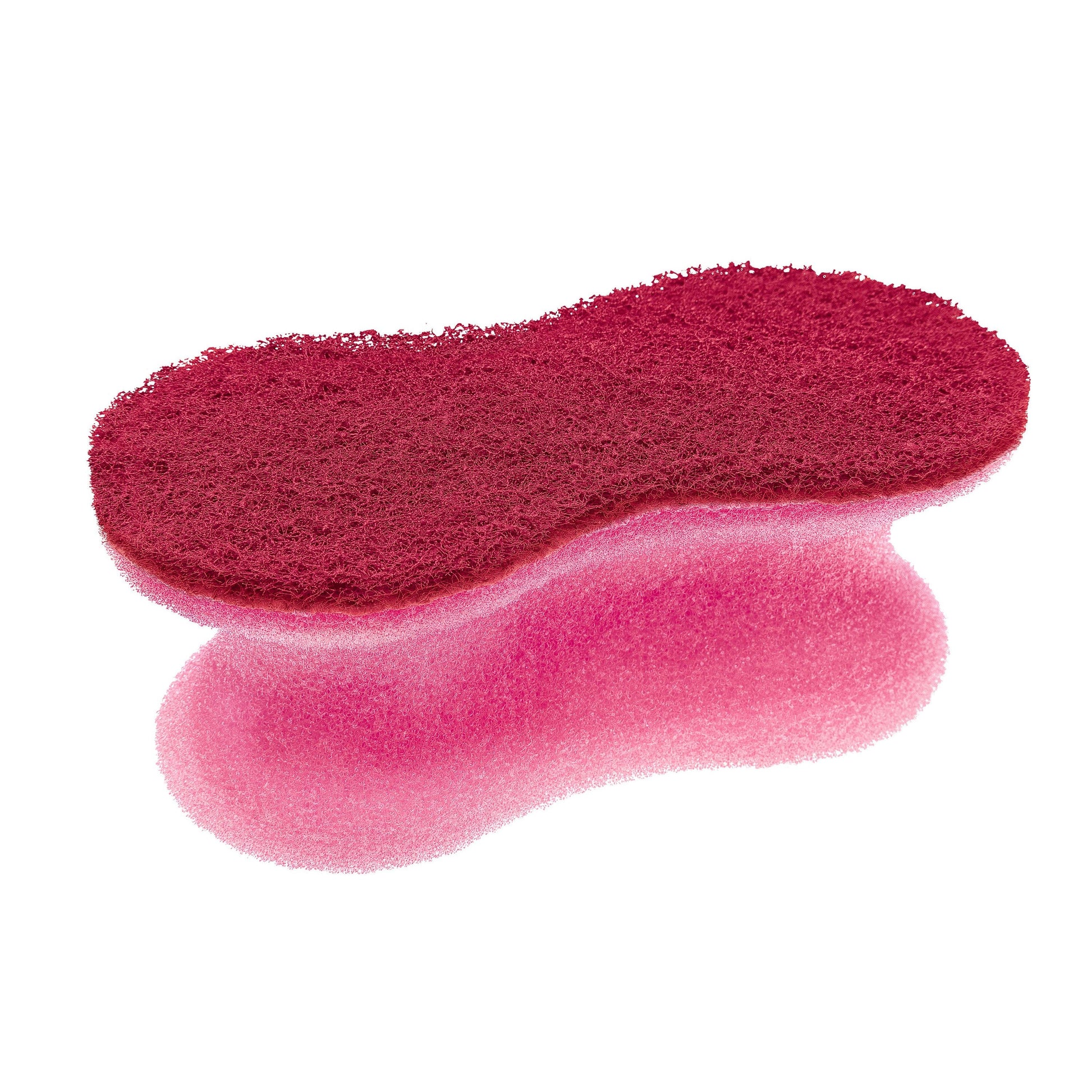 Nahaufnahme eines Scotch-Brite® Delicate Color Comfort kratzfreien Reinigungsschwamms der 3M Deutschland GmbH mit einer strukturierten Scheuerfläche und einer weichen, porösen Unterseite, mit zwei Schwämmen pro Packung, auf weißem Hintergrund.