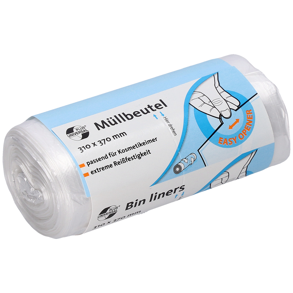 Eine Rolle EMIL DEISS KG (GmbH + Co.) DEISS 49909 Beutel, 310x370 mm transparent (50 Stück), mit blau-weißem, zweisprachigem Etikett mit Angaben zu Größe, Reißfestigkeit und Öffnungshilfe mit handgezeichneten Illustrationen.