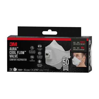 A black-red box of the 3M™ Aura™ Comfort Cool Flow™ Particulate Respirator 9332+ FFP3 from 3M Germany GmbH shows the white mask and a user and highlights the FFP3 filtration, 50% lower exhalation resistance, and 2 masks per pack.