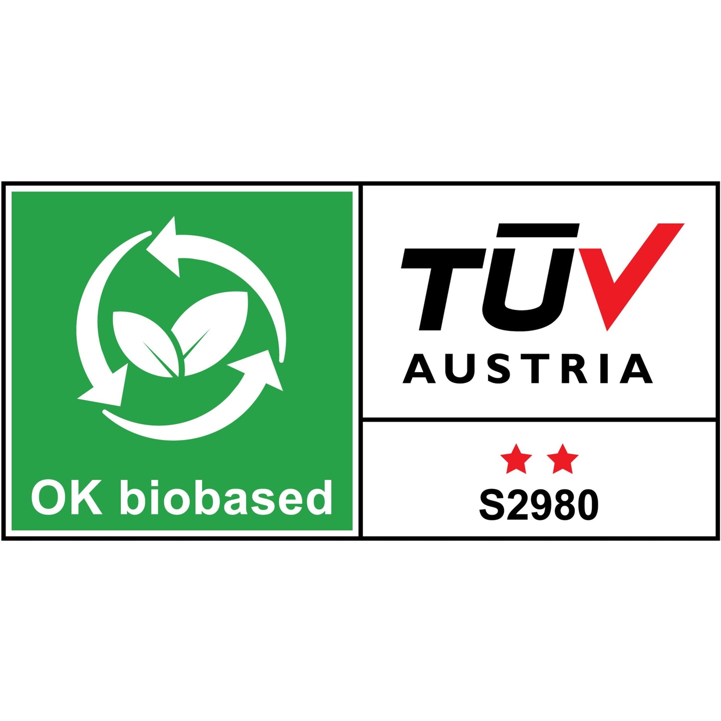 Ein Zertifizierungsetikett auf dem Scotch® C38 Tischabroller schwarz + Scotch® Magic™ Klebeband (3M Deutschland GmbH) zeigt eine grüne "OK biobased"-Box mit Blättern/Pfeilen und eine weiße TÜV AUSTRIA-Box mit zwei roten Sternen und S2980.