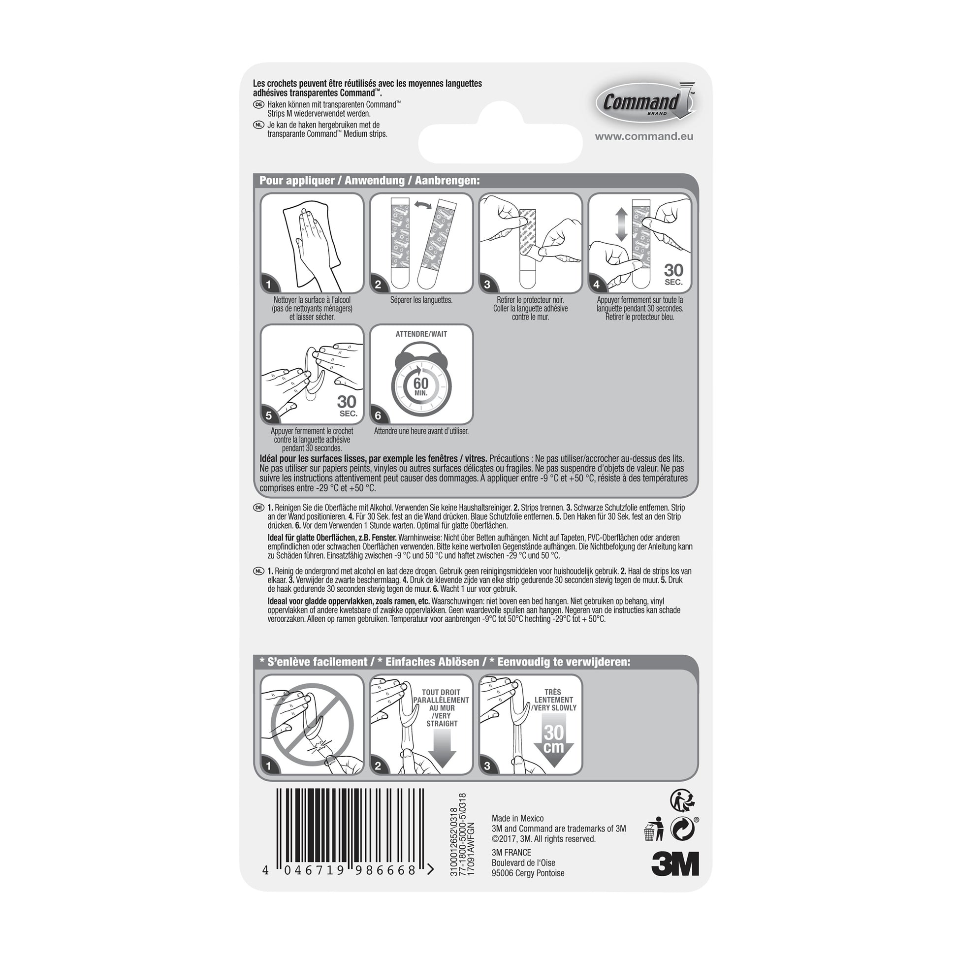 Die Verpackung des Transparenten mittelgroßen Command™ Haken M für den Außenbereich, oval (1 Stück), der 3M Deutschland GmbH enthält eine bebilderte, mehrsprachige Schritt-für-Schritt-Anleitung und Warnhinweise für die richtige Anwendung.