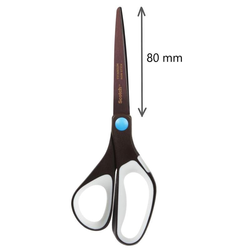 The Scotch™ titanium scissors from 3M Deutschland GmbH with black and white handles and a blue button is depicted next to a double arrow with the inscription "80 mm" to indicate the blade length. The total length of the scissors is 20 cm.
