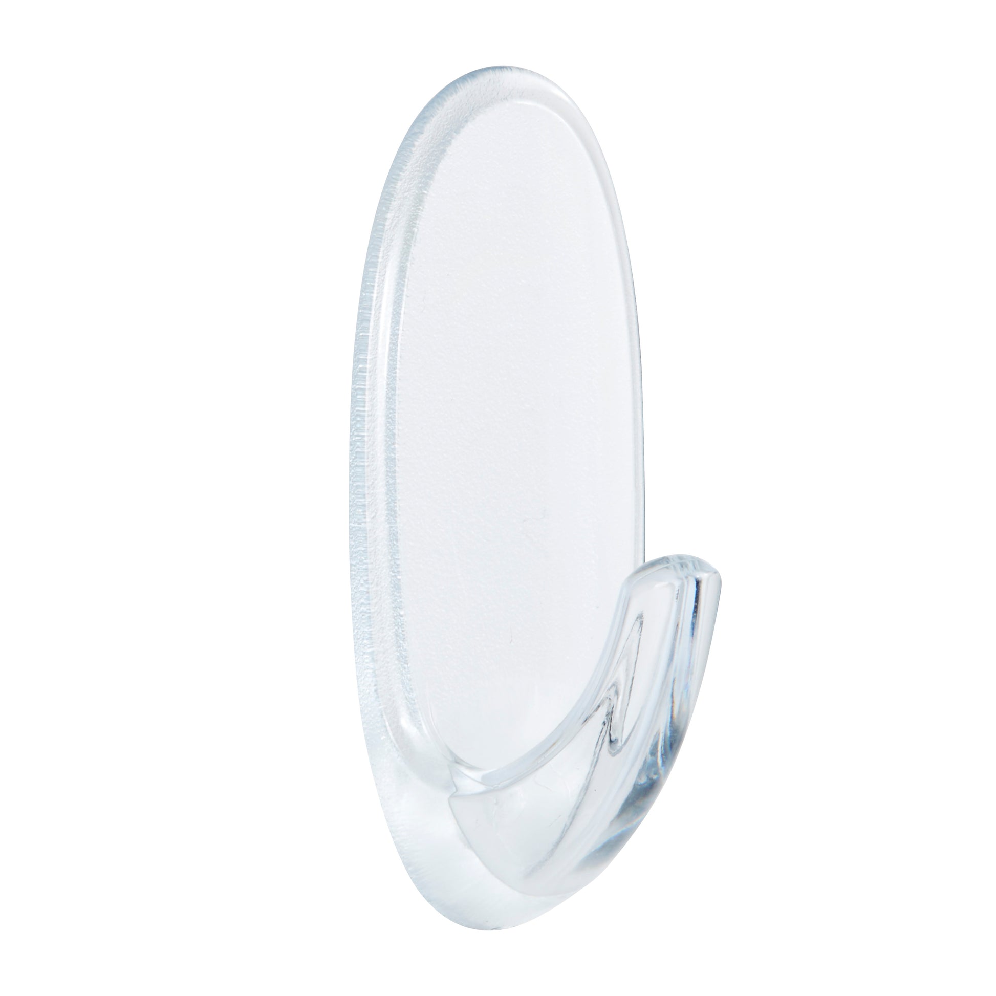 Der Transparente mittelgroße Command™ Haken M für den Außenbereich in ovaler Form (17091AW) von 3M Deutschland GmbH ist ein klarer Kunststoff-Wandhaken mit gebogenem Haken, ideal präsentiert vor weißem Hintergrund.