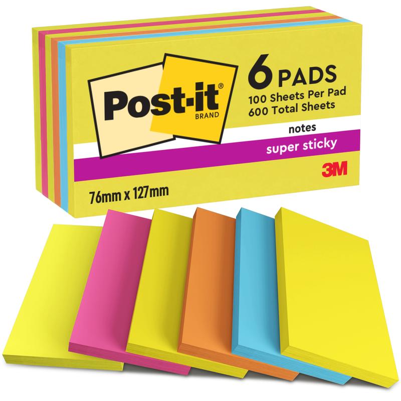 Six 3M Post-it® Notes blocks from the Energetic Collection, 76 x 127 mm, 100 sheets per block, color-sorted, PEFC certified (SGSCH-PEFC-COC-110078), 6 blocks per pack.