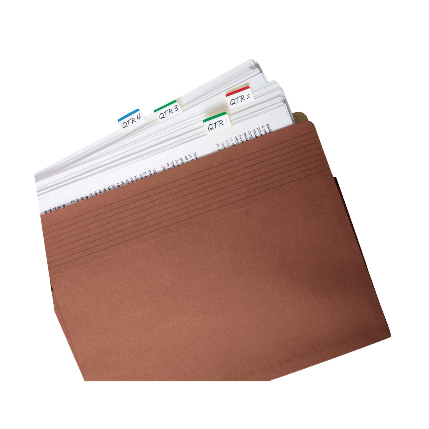 A brown file folder with documents, separated by 3M Deutschland GmbH Post-it® Index Strong Filing Tabs, standard, 25.4 x 38.1 mm, in various colors labeled "QTR 1", "QTR 2", "QTR 3", and "QTR 4".
