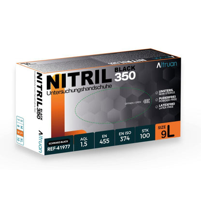 A pack of Altruan Nitril 350 Black disposable gloves from BINGOLD GmbH + Co. KG contains 100 black, latex-free gloves, size 9/L, with certificates on the packaging and a practical tear-off perforation.
