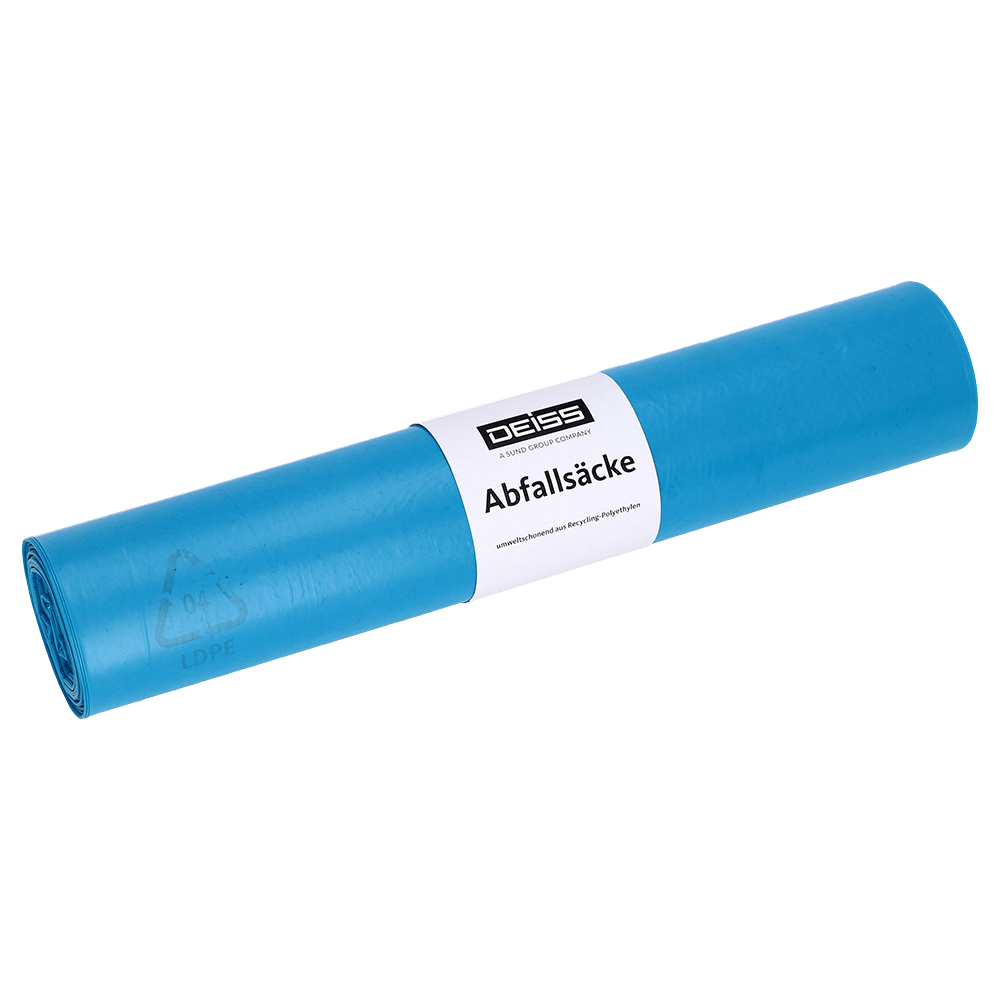 A rolled-up blue DEISS 50001 garbage bag roll (700x1100x0.014 mm, 50 bags) with a white label bearing the inscription "EMIL DEISS KG (GmbH + Co.)" and "Garbage Bags" stands on a plain white background.